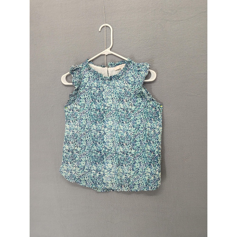 LOFT Blouse Womens XXS Blue Green Floral Ruffle Sleeveless Lined Lightweight Top